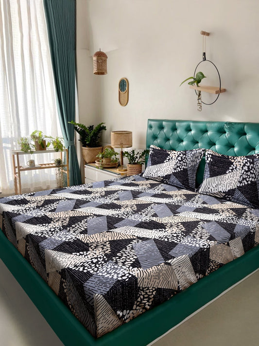 Multi Geometric 300 TC Cotton Blend Super King Double Bedsheet with 2 Pillow covers