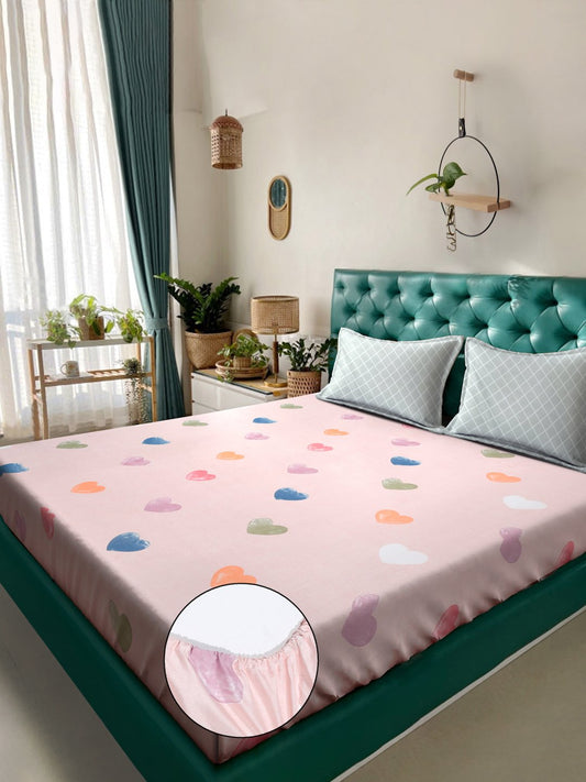 Pink Abstract 300 TC Cotton Blend Fitted Double Bedsheet with 2 Pillow Covers
