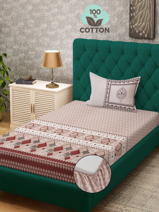 Klotthe Peach Geometric 400 TC Pure Cotton Fitted Single Bedsheet with Pillow Cover
