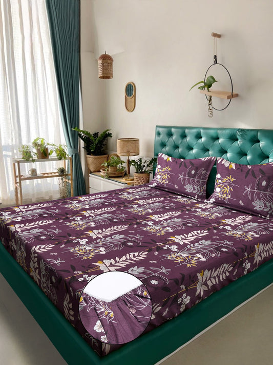 Purple Floral 300 TC Cotton Blend Fitted Double Bedsheet with 2 Pillow Covers
