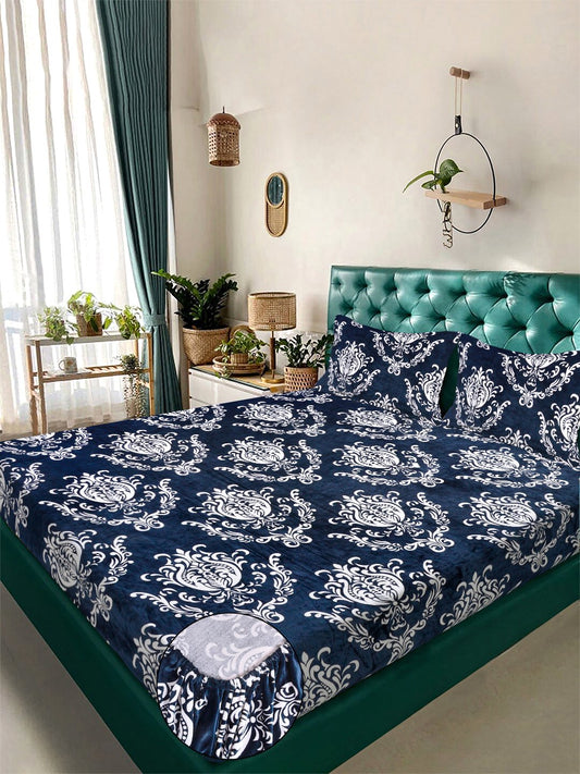 Blue Floral Super King Woolen Fitted Double Bedsheet with 2 Pillow Covers