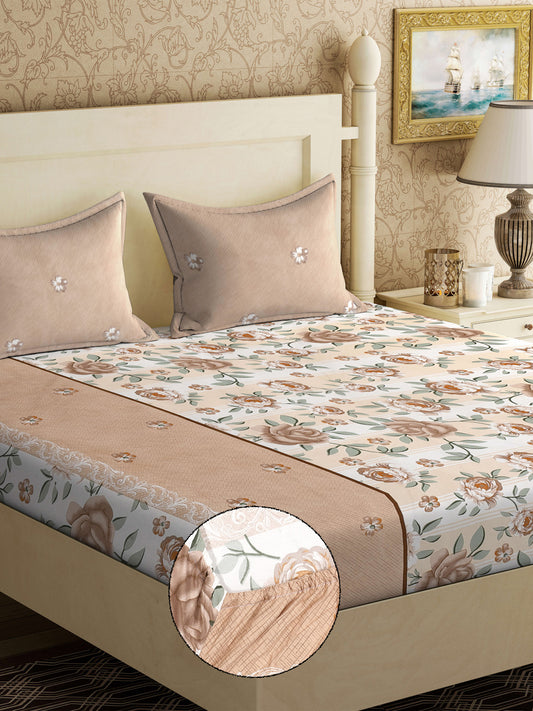 Klotthe Brown Floral 300 TC Cotton Blend Fitted Double Bedsheet with 2 Pillow Covers