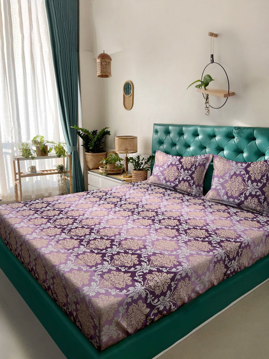 Book Fold Purple Floral 300 TC Cotton Blend Double Bedsheet with 2 Pillow Covers