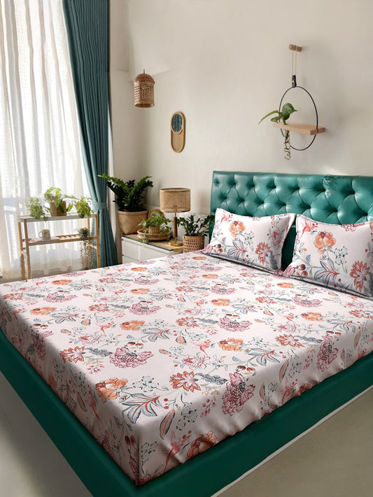 Multi Floral 300 TC Cotton Blend Fitted Double Bedsheet with 2 Pillow Covers