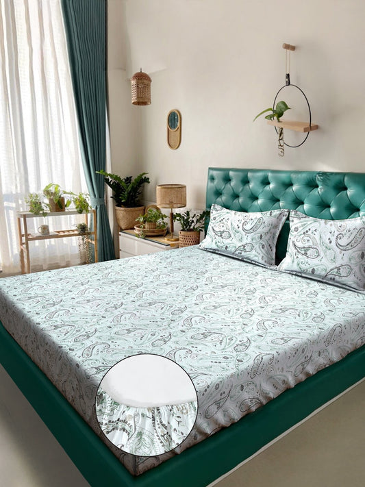 Green Floral 400 TC Pure Cotton Fitted Double Bedsheet with 2 Pillow Covers