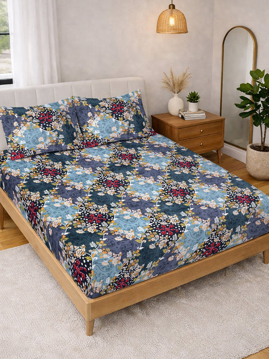 Blue Floral Cotton Blend Double Bedsheet with 2 Pillow Covers