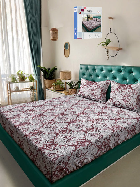 Maroon Floral 400 TC Pure Cotton Double Bedsheet in Book Fold Packing