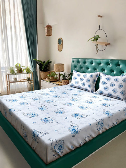 Blue Floral 400 TC Pure Cotton Double Bedsheet with 2 Pillow Covers