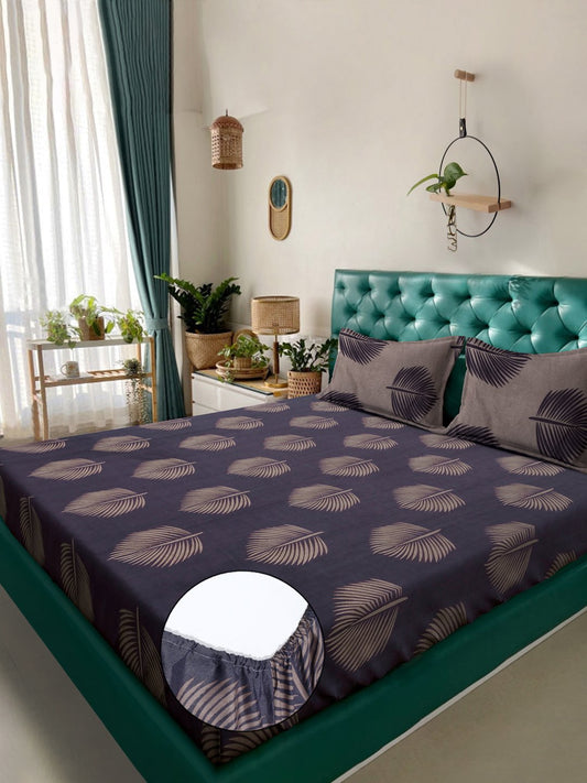 Purple Floral 300 TC Cotton Blend Fitted Double Bedsheet with 2 Pillow Covers