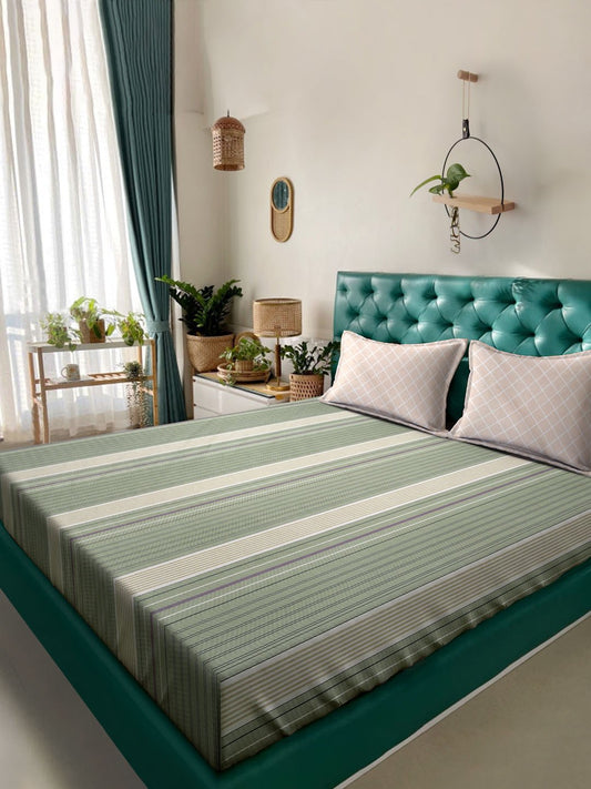 Green Striped 300 TC Cotton Blend Double Bedsheet in Book Fold Packing