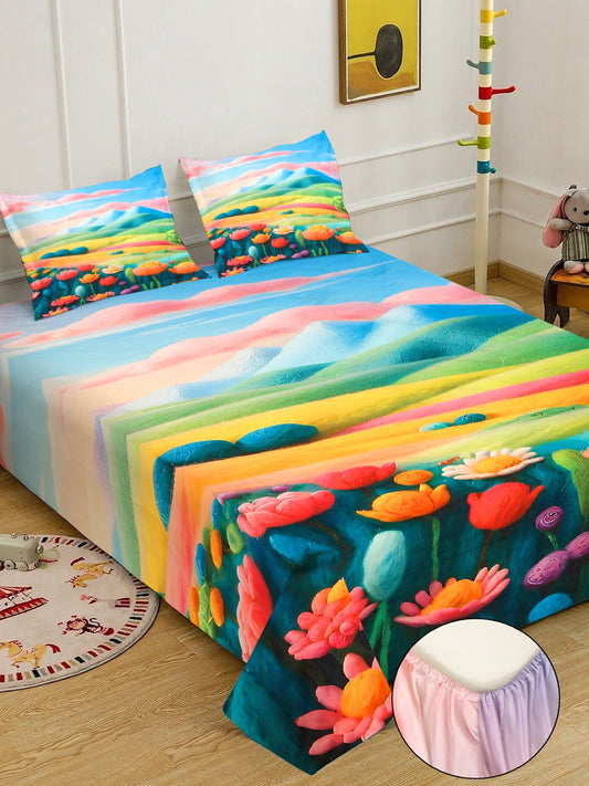 Multi Cartoon Characters 7D King Size Cotton Blend Fitted Double Bedsheet with 2 Pillow Covers