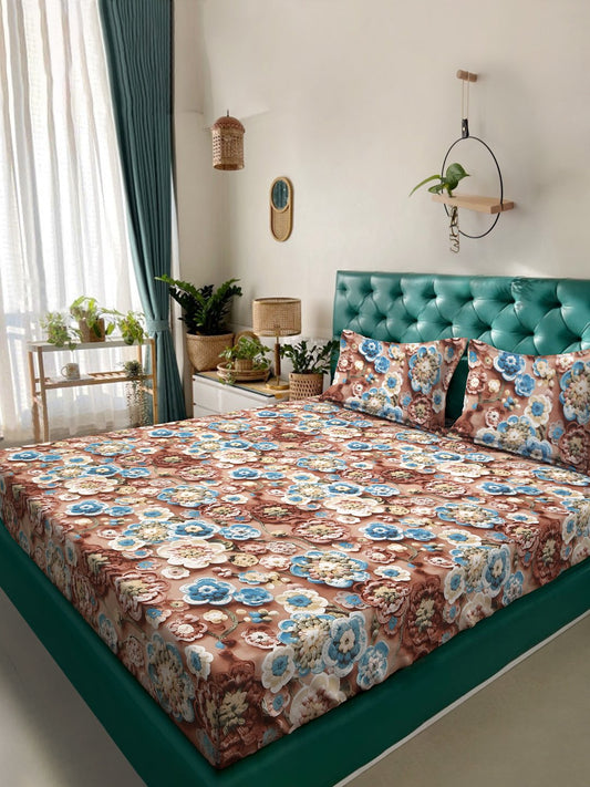 Brown Floral 7D King Size Cotton Blend Double Bedsheet with 2 Pillow Covers