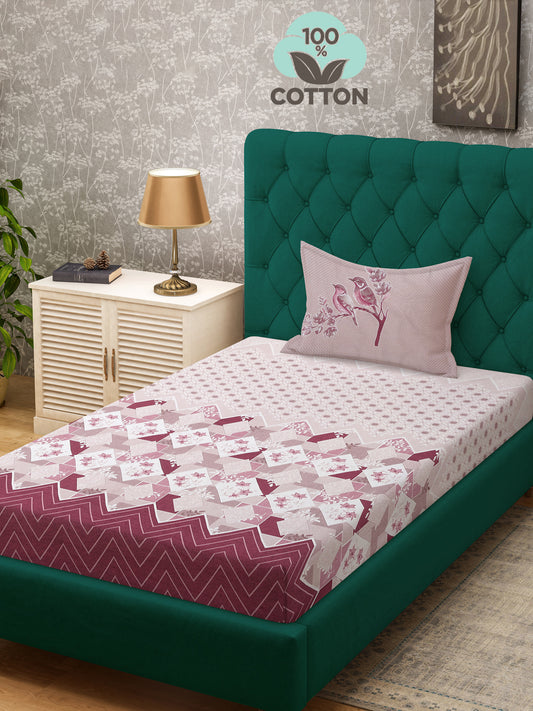 Klotthe Magenta Geometric 400 TC Pure Cotton Single Bedsheet with Pillow Cover