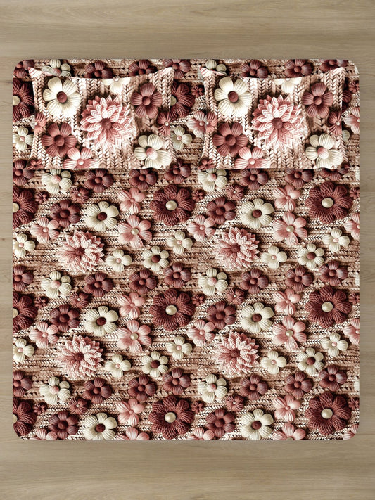 Brown Floral 7D King Size Cotton Blend Fitted Double Bedsheet with 2 Pillow Covers