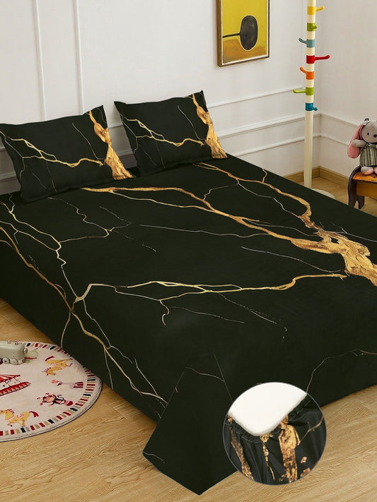 Black Digital Abstract Printed Cotton Blend Fitted Double Bedsheet with 2 Pillow Covers