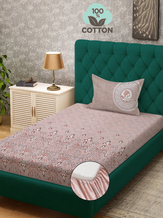 Klotthe Peach Floral 400 TC Pure Cotton Fitted Single Bedsheet with Pillow Cover