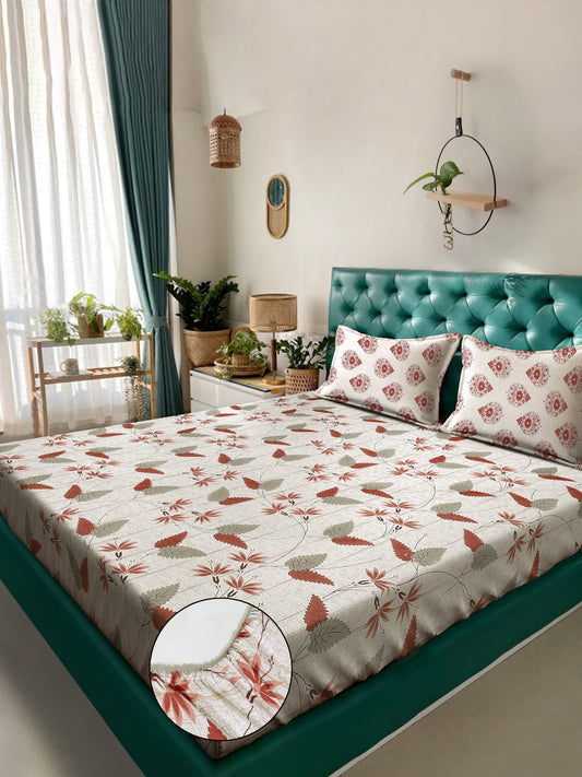 Beige Floral 400 TC Pure Cotton Fitted Double Bedsheet with 2 Pillow Covers
