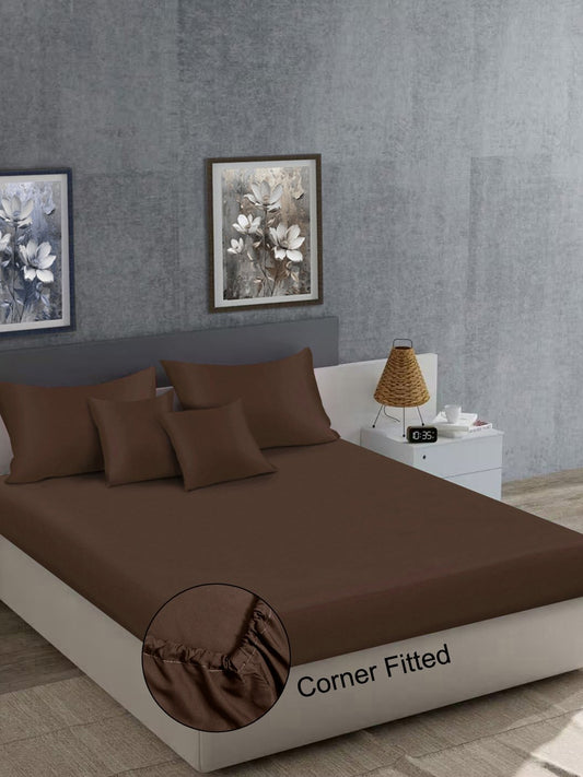 Brown Solid 400 TC Satin Fitted Super King Double Bedsheet with 2 Pillow Covers & 2 Cushion Covers