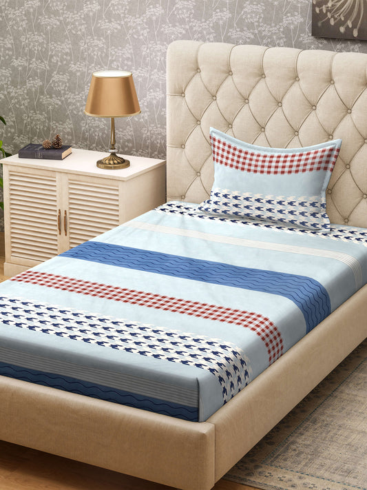 Klotthe Multicolor Striped 300 TC Cotton Blend Single Bedsheet with Pillow Cover