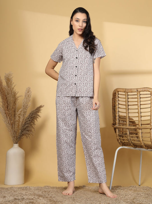 Women Maroon Abstract Pure Cotton Night Suit