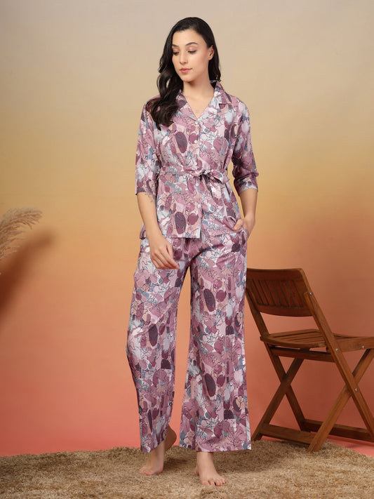 Women Purple Floral Cotton Blend Night Suit with Robe