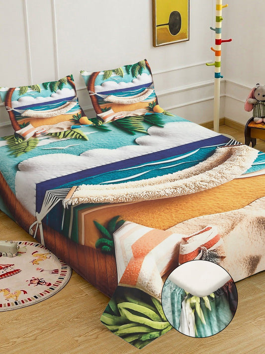 Multi 7D Abstract Printed Fitted Cotton Blend Double Bedsheet with 2 Pillow Covers