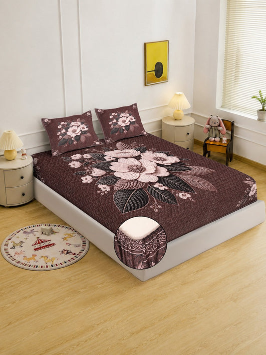 Digital Printed Brown Floral Cotton Blend Fitted Double Bedsheet with 2 Pillow Covers