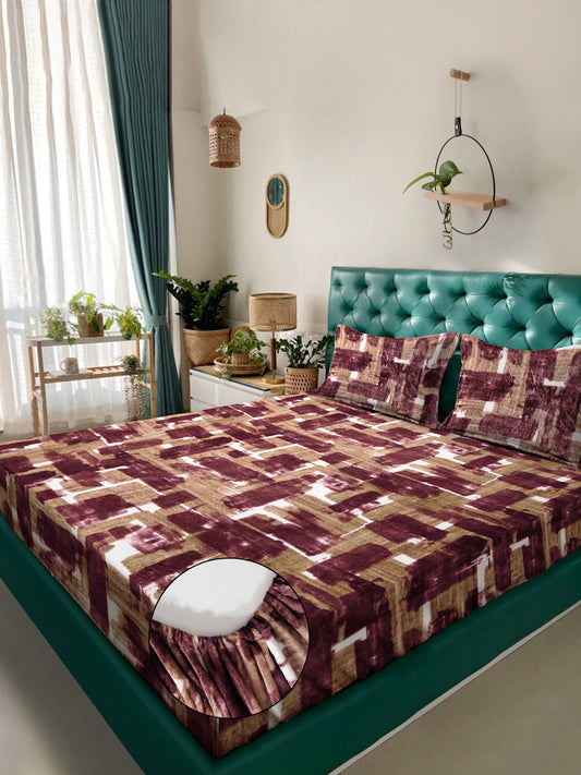Klotthe Rust Geometric Woolen Fitted Double Bed Sheet with 2 Pillow Covers