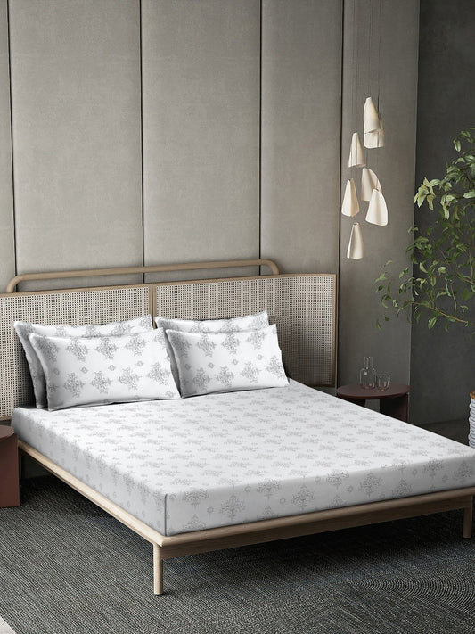 OffWhite Floral 400 TC Pure Cotton Fitted Super King Double Bedsheet with 4 Pillow Covers