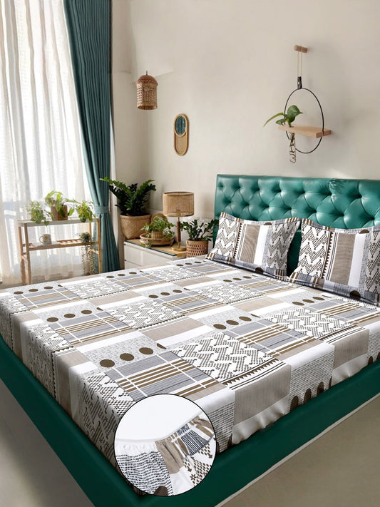 White Geometric 300 TC Cotton Blend Fitted Double Bedsheet in Book Fold Packing