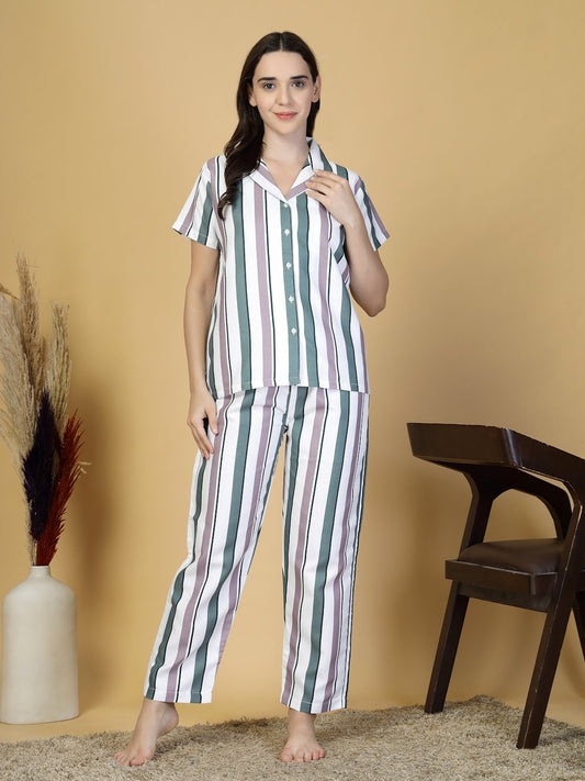 Women Multi Striped Cotton Blend Night Suit