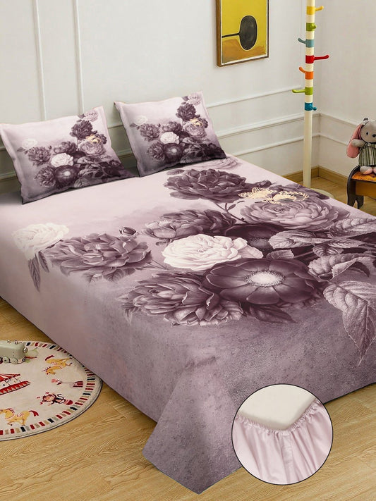 Wine Digital Floral Printed Cotton Blend Fitted Double Bedsheet with 2 Pillow Covers
