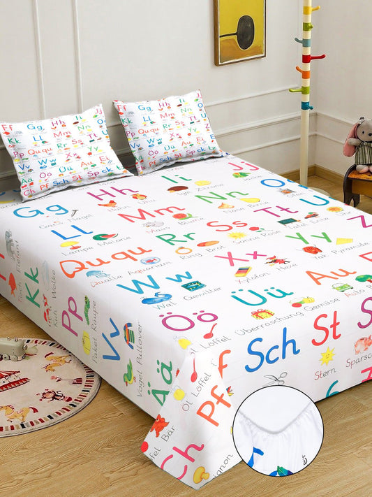 White Digital Cartoon Characters Printed Cotton Blend Fitted Double Bedsheet with 2 Pillow Covers
