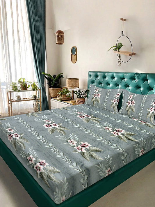Green Floral Woolen Double Bedsheet with 2 Pillow Covers