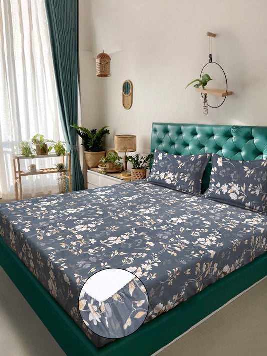 Floral 300 TC Cotton Blend Fitted Double Bedsheet in Book Fold Packing