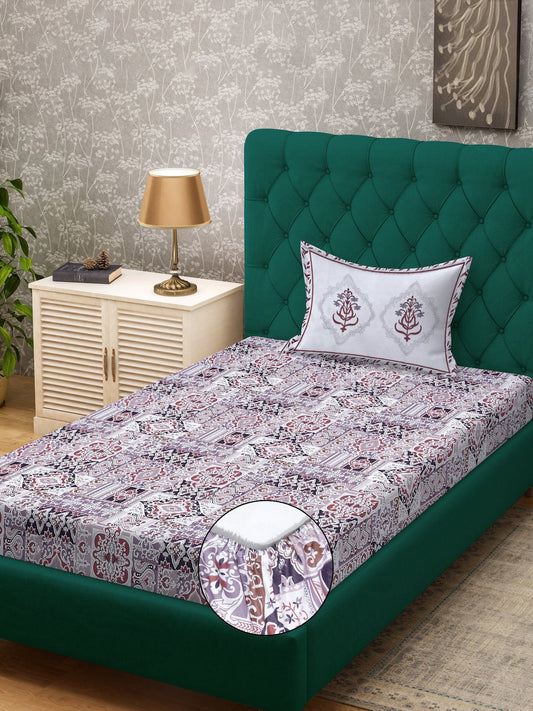 Purple Ethnic Motifs 400 TC Pure Cotton Fitted Single Bedsheet with Pillow Cover