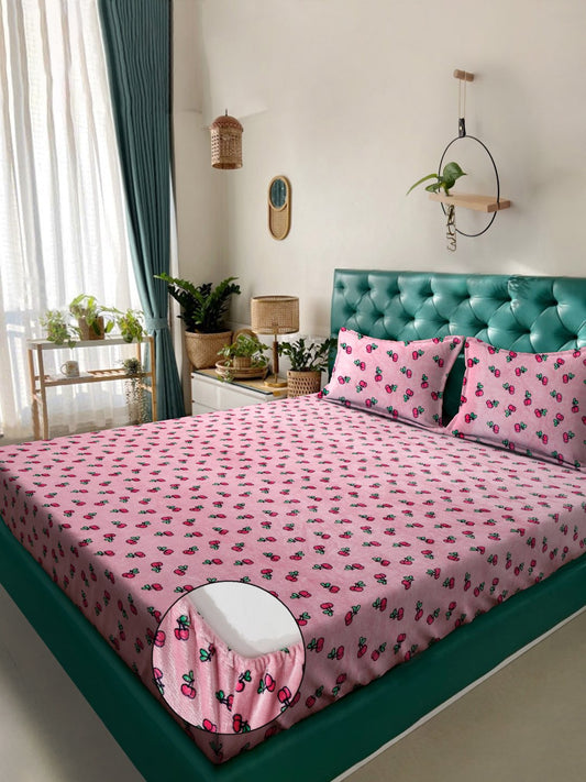 Pink Cartoon Characters Woolen Fitted Double Bed Sheet with 2 Pillow Covers