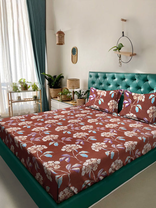 Rust Floral 300 TC Cotton Blend Double Bedsheet in Book Fold Packing