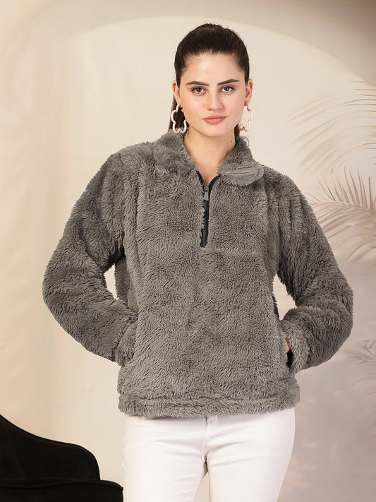 Klotthe Women Brown Solid Woolen Fur Winter Jacket