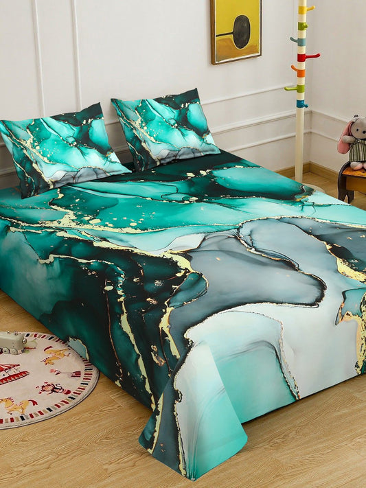 Green Digital Abstract Printed Cotton Blend Double Bedsheet with 2 Pillow Covers