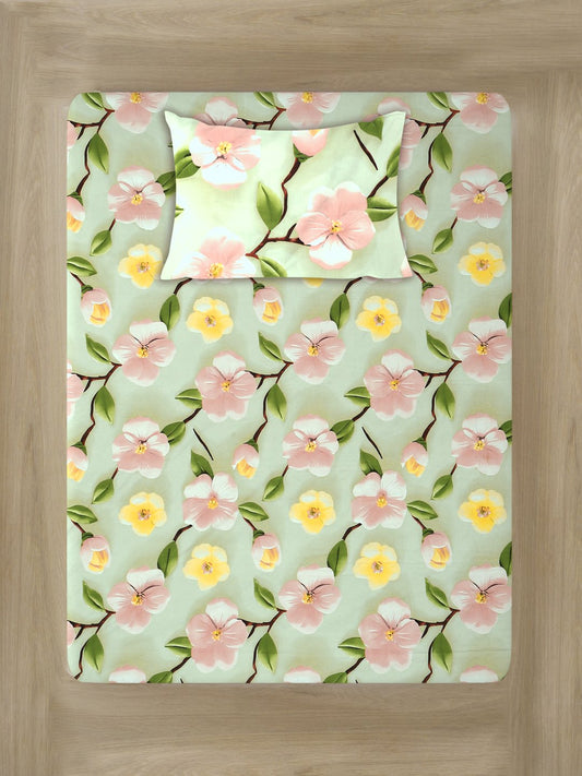 Green Floral 7D Cotton Blend Fitted Single Bedsheet with Pillow Cover