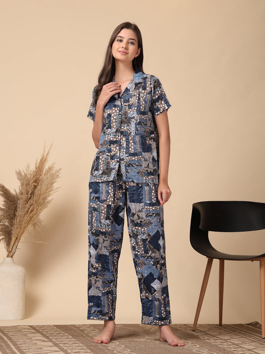 Blue Geometric Cotton Blend Women Night Suit