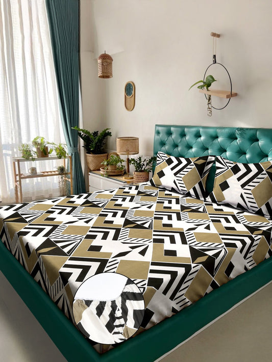 Multi Geometric 300 TC Cotton Blend Fitted Double Bedsheet with 2 Pillow Covers