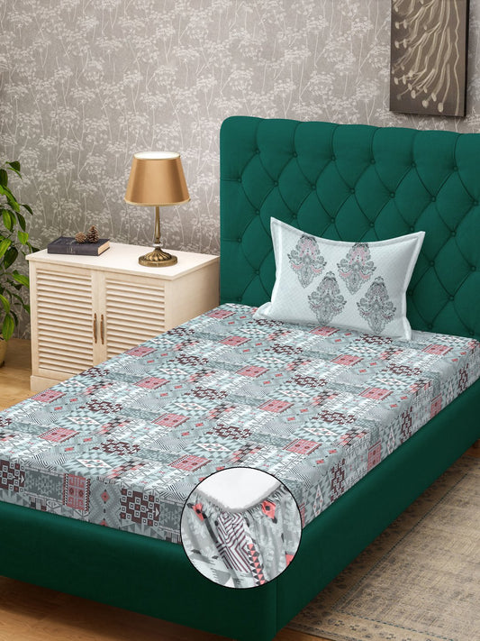 Grey Geometric 400 TC Pure Cotton Fitted Single Bedsheet with Pillow Cover
