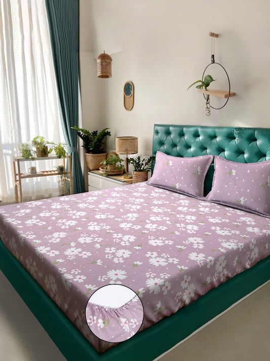Purple Floral 300 TC Cotton Blend Fitted Double Bedsheet in Book Fold Packing