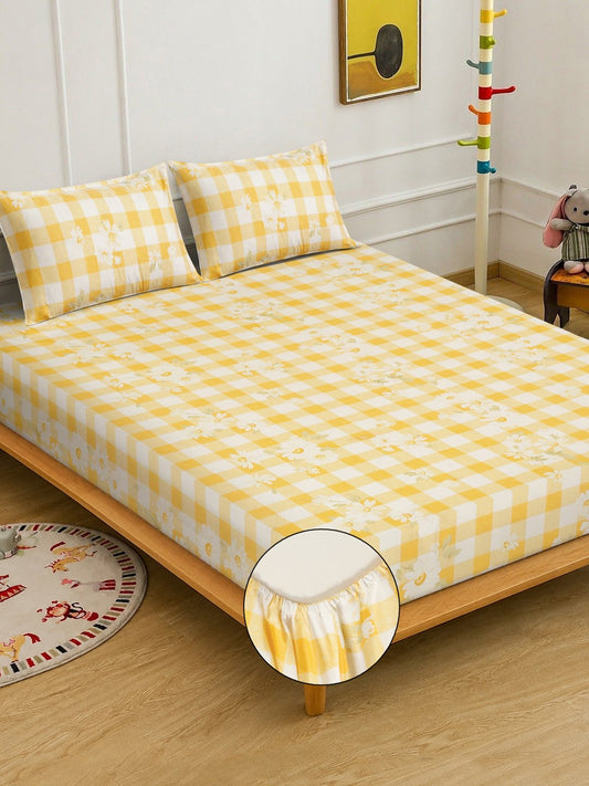 Yellow Floral Cotton Blend Fitted Double Bedsheet with 2 Pillow Covers
