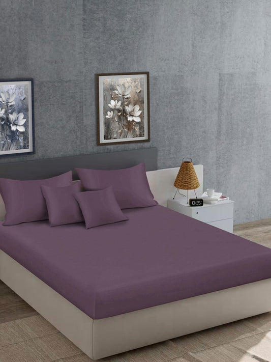 Purple Solid 400 TC Satin Super King Double Bedsheet with 2 Pillow Covers & 2 Cushion Covers