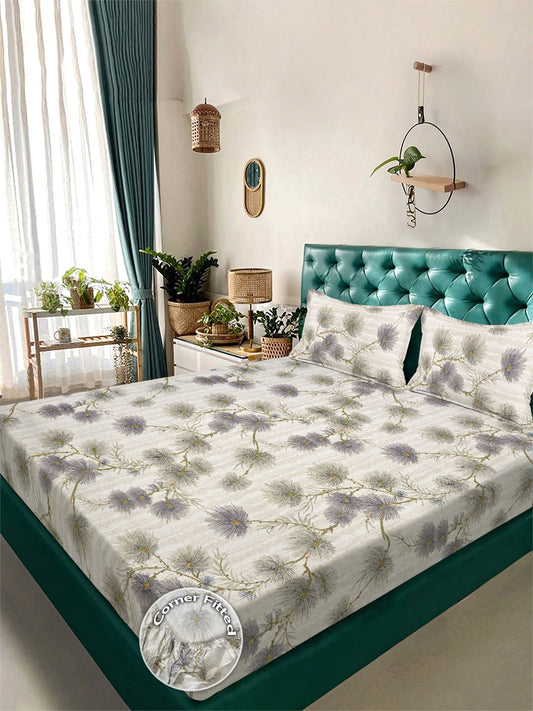 Beige Floral 300 TC Cotton Blend Fitted Double Bedsheet with 2 Pillow Covers