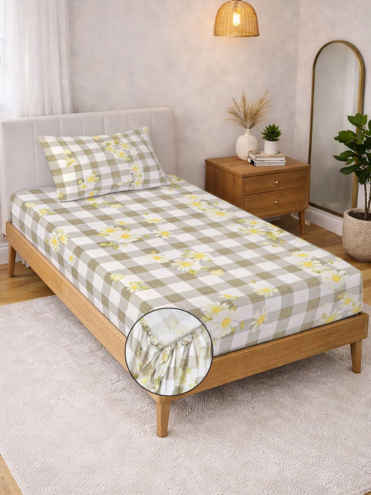 Beige Floral Cotton Blend Fitted Single Bedsheet with Pillow Cover
