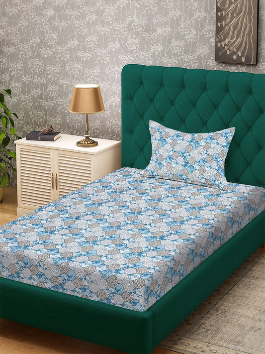 Blue Floral 300 TC Cotton Blend Single Bedsheet with Pillow Cover
